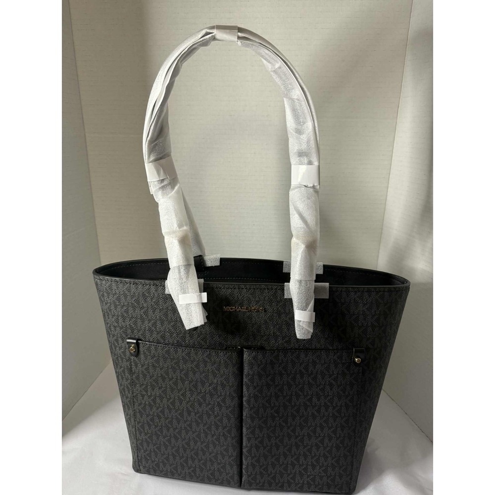 Michael Kors Jet Set Medium Logo Pocket Tote Bag~MK LOGOS~BLACK~NWT - Picture 4 of 6